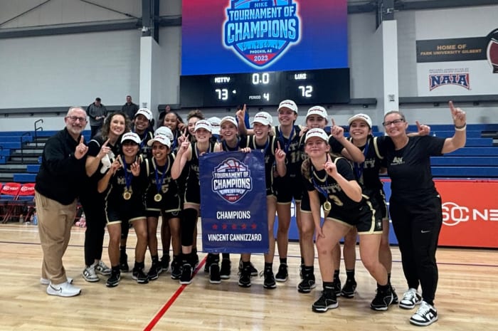Mitty celebrates Thursday's 73-72 win over Long Island Lutheran at Nike TOC in Phoenix.